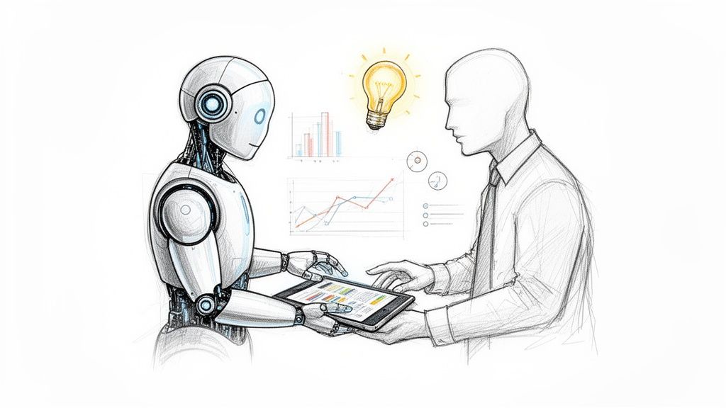 Un robot e un uomo d'affari interagiscono con un tablet, visualizzando dati e grafici, simboleggiando intelligenza artificiale e business.