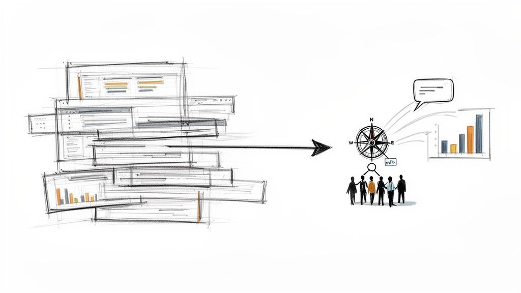 Visualizzazione di dati grezzi trasformati in insight, guidati dalla strategia e comunicati al team.