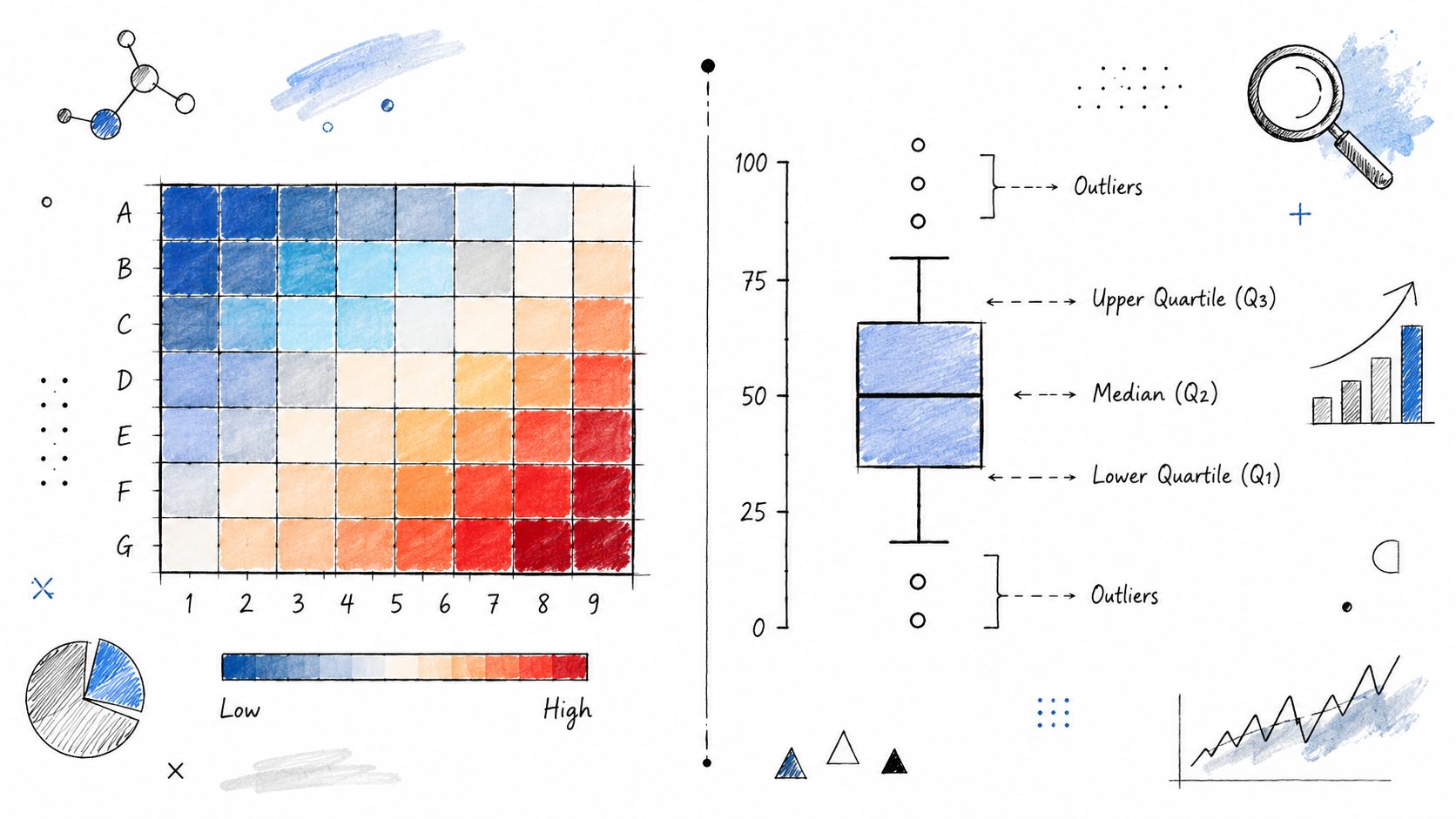 Illustrazione disegnata a mano che mostra vari tipi di grafici statistici tra cui mappe termiche e boxplot.