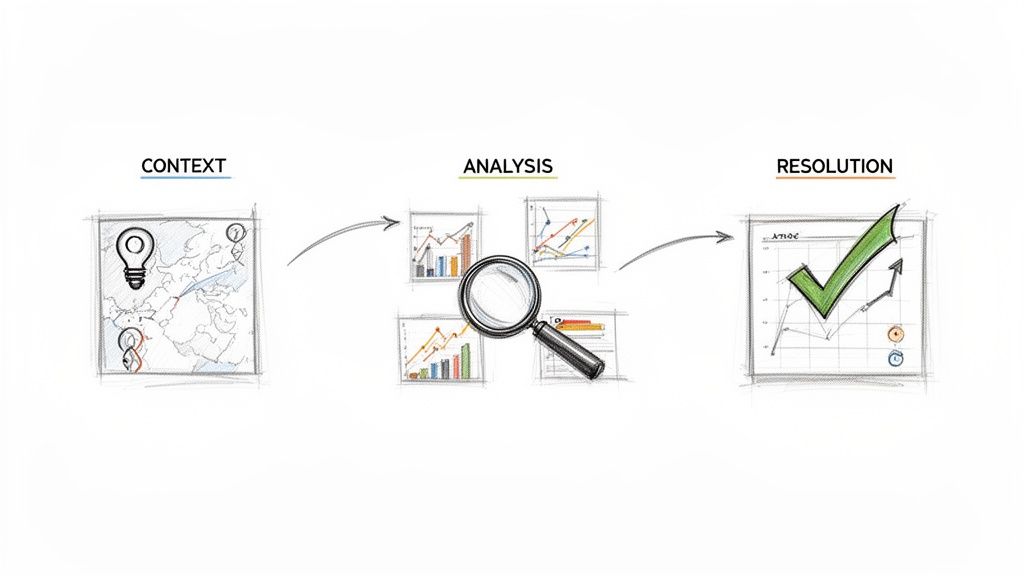 Un diagramma visivo che mostra le fasi di contesto, analisi dei dati e risoluzione di un problema aziendale.