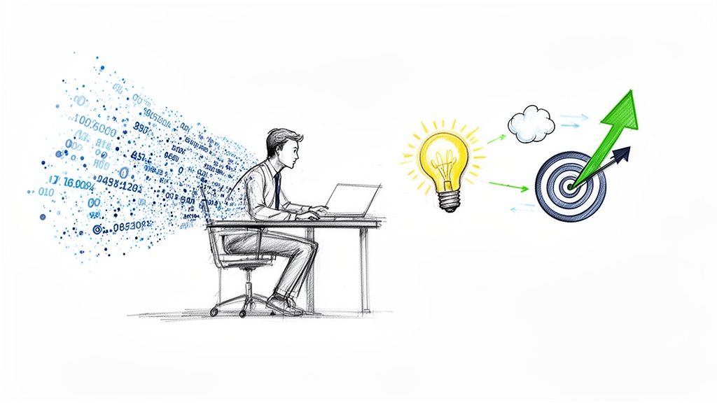 Un uomo al laptop elabora dati, generando idee che portano a obiettivi e crescita aziendale.