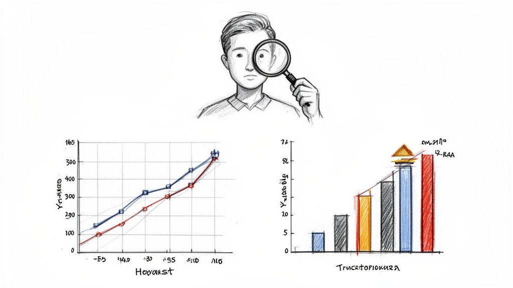 Una persona con lente d'ingrandimento analizza due grafici disegnati a mano, illustranti dati aziendali e andamenti di crescita.