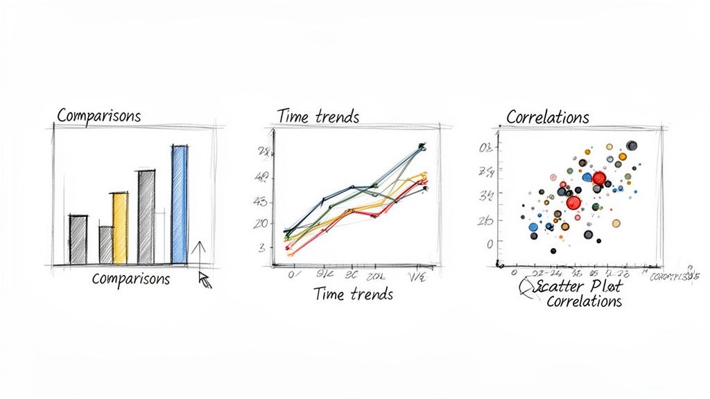 Tre grafici disegnati a mano illustrano confronti con barre, tendenze temporali con linee e correlazioni con punti.