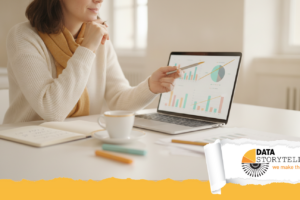 Data analyst e colleghi che collaborano su una dashboard dati, rappresentazione dei ruoli nelle professioni dei dati.