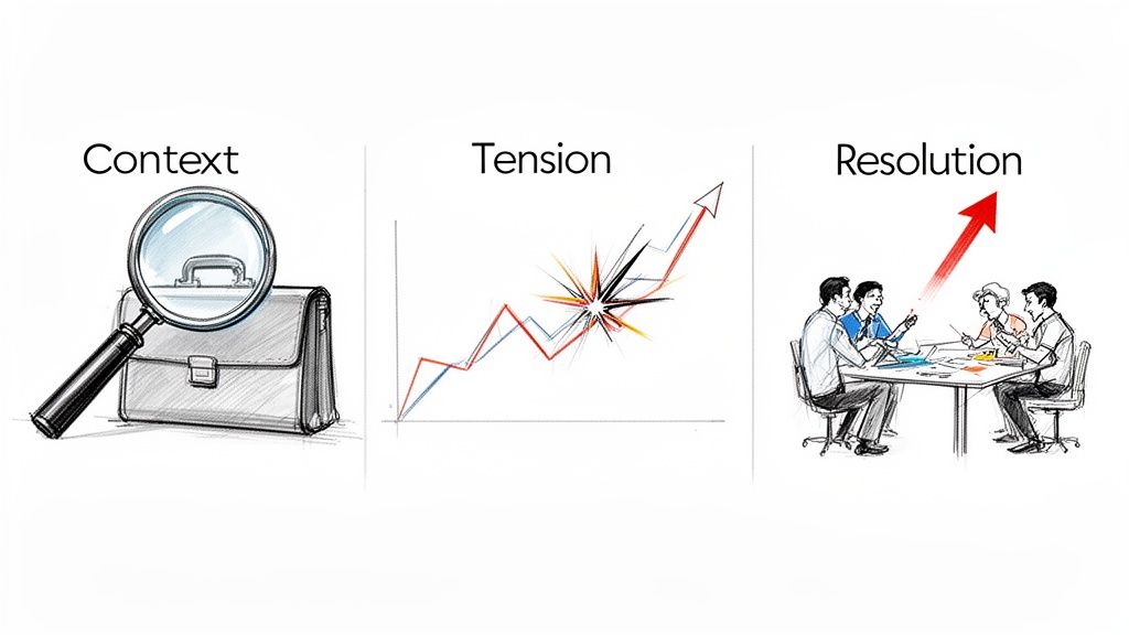 Immagine che illustra le fasi di Contexto, Tensione e Risoluzione, con icone esplicative per la narrazione dei dati aziendali.