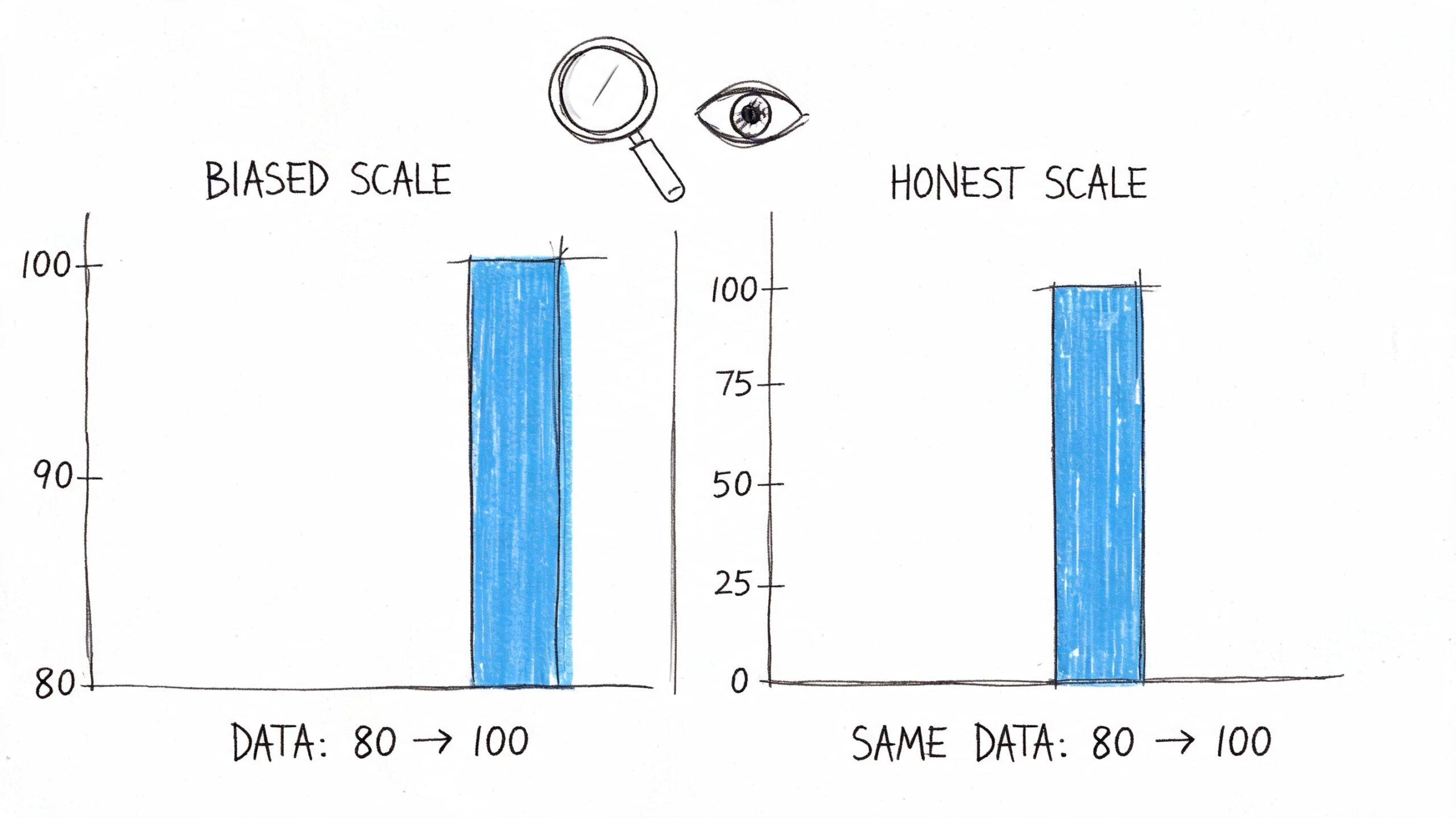 Confronto grafico tra una scala distorta che enfatizza i dati e una scala onesta con base zero.