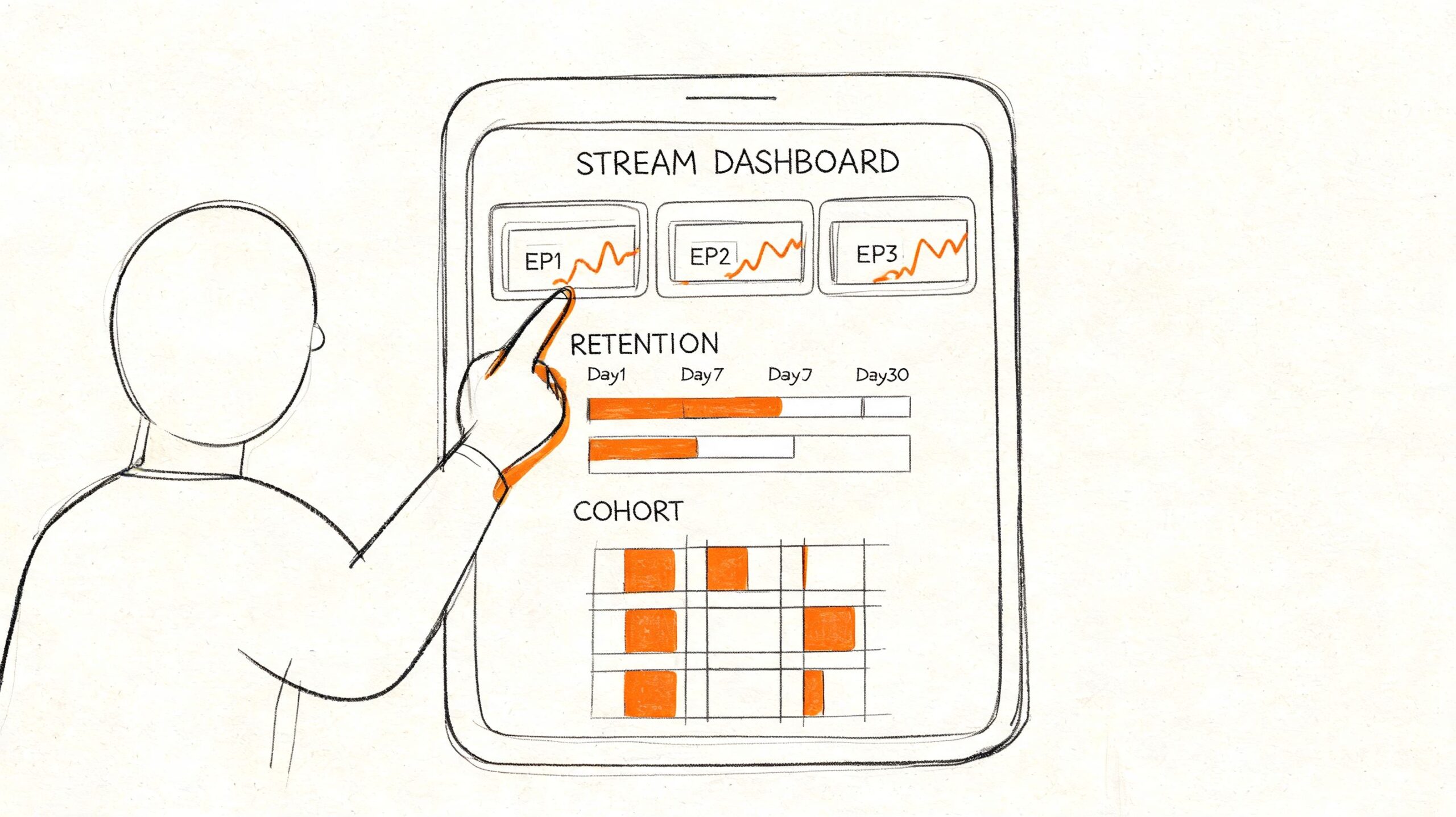 Una rappresentazione stilizzata di un analista che interagisce con una dashboard digitale di dati e grafici.