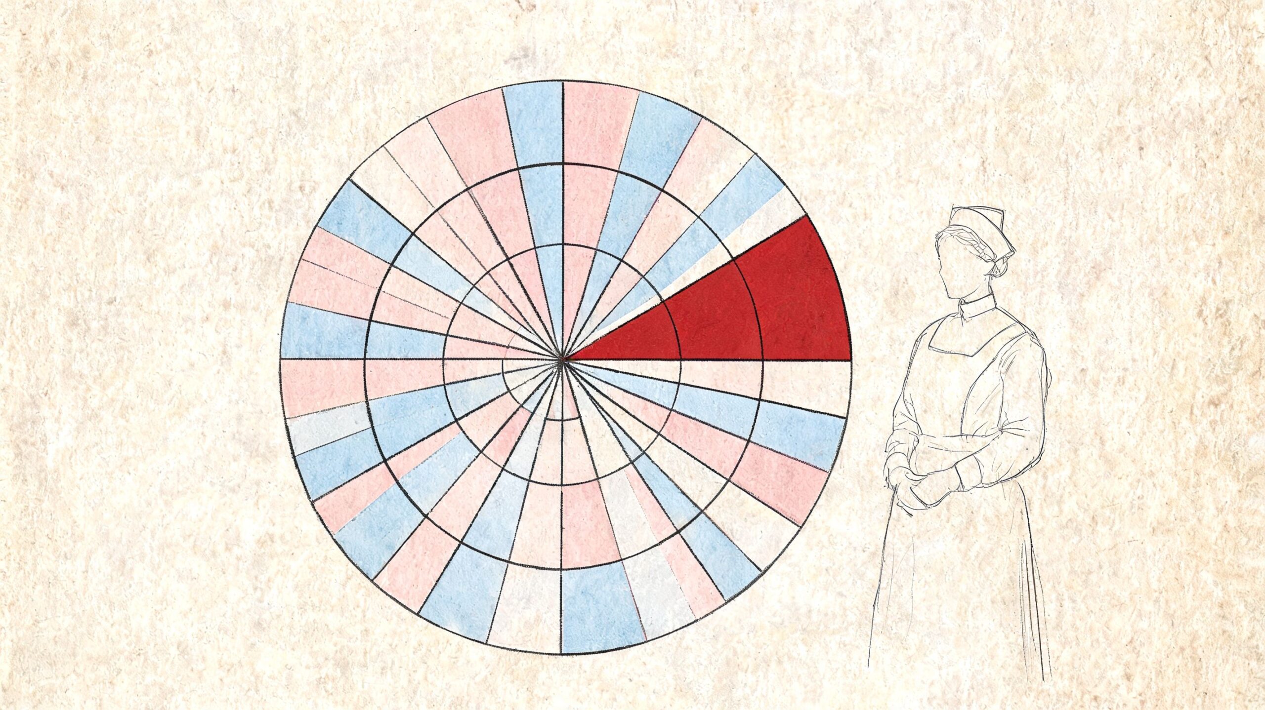 Illustrazione stilizzata di Florence Nightingale accanto a un diagramma a rosa, metodo di rappresentazione grafica dei dati storici.