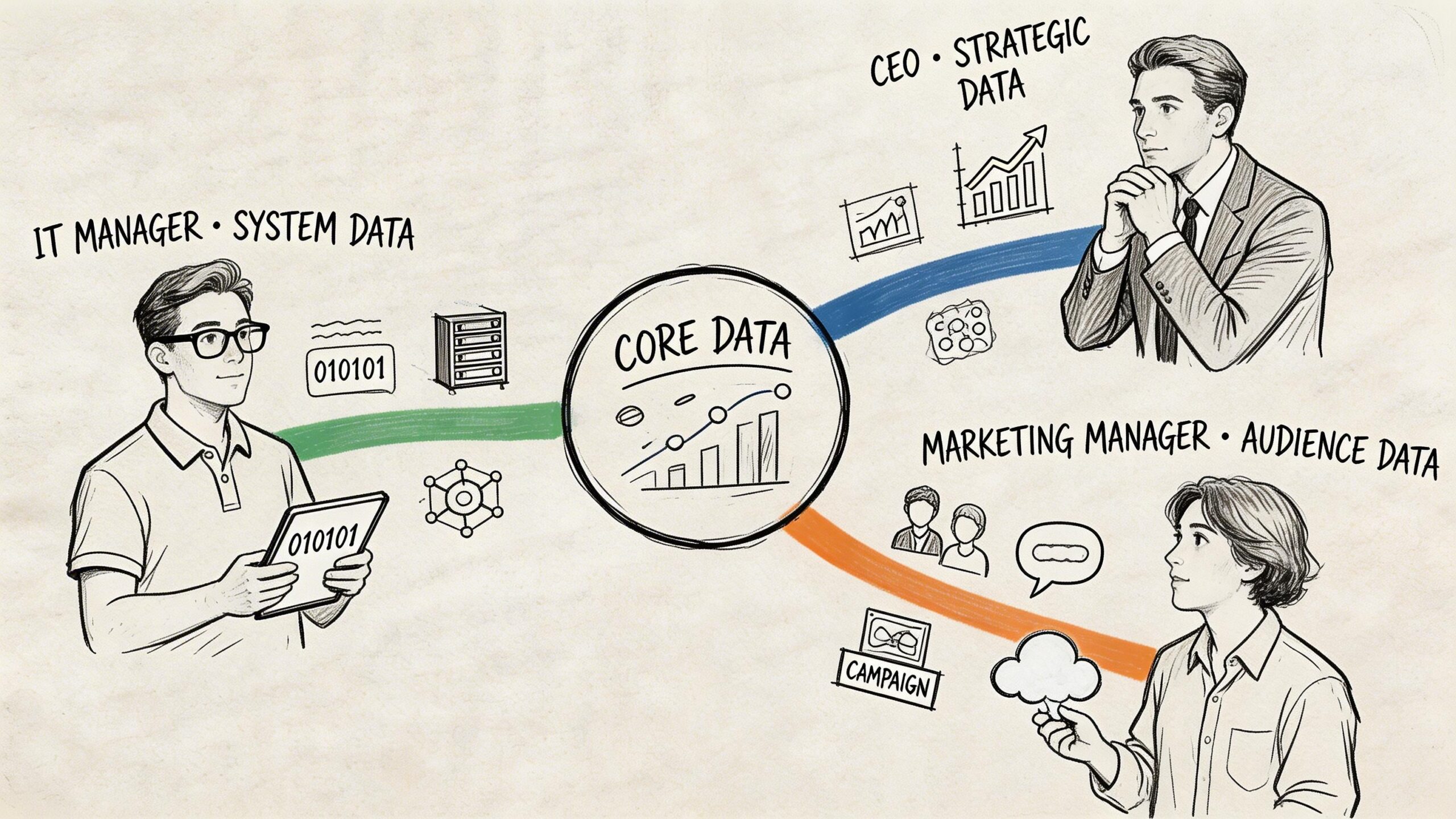 Illustrazione che mostra come i dati centrali vengono distribuiti a CEO, manager IT e marketing manager.