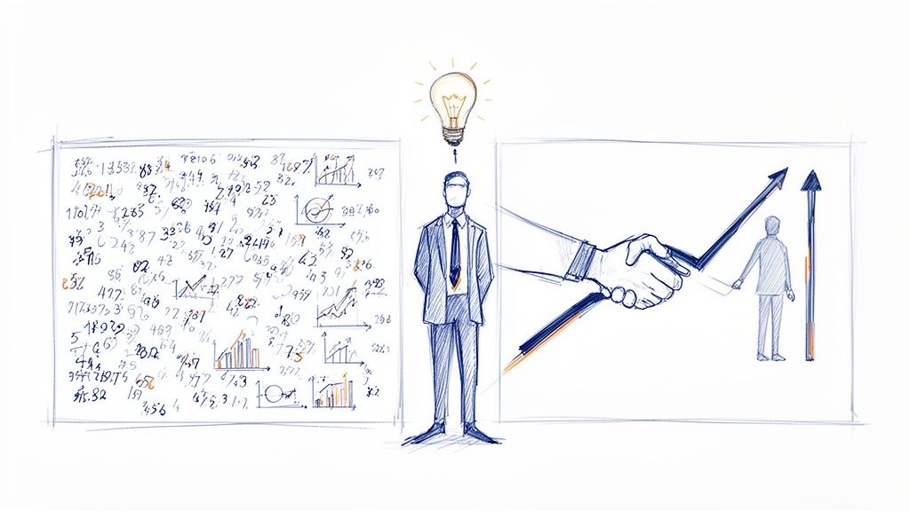 Uomo d'affari con un'idea, analizza dati e grafici per strategie di crescita e successo commerciale.