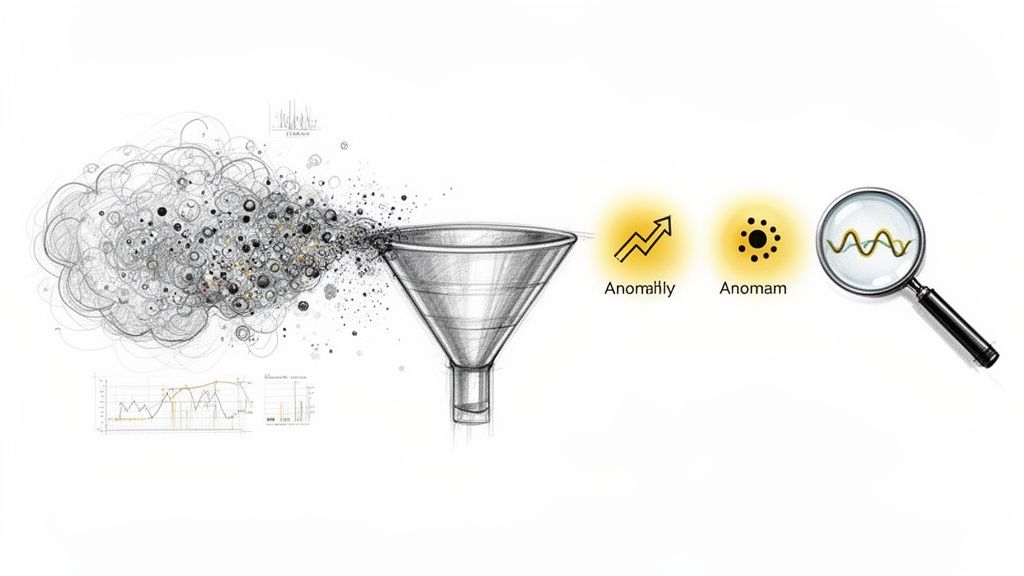 Illustrazione che mostra dati complessi filtrati da un imbuto, che portano all'identificazione di anomalie e alla loro successiva analisi dettagliata con una lente d'ingrandimento.