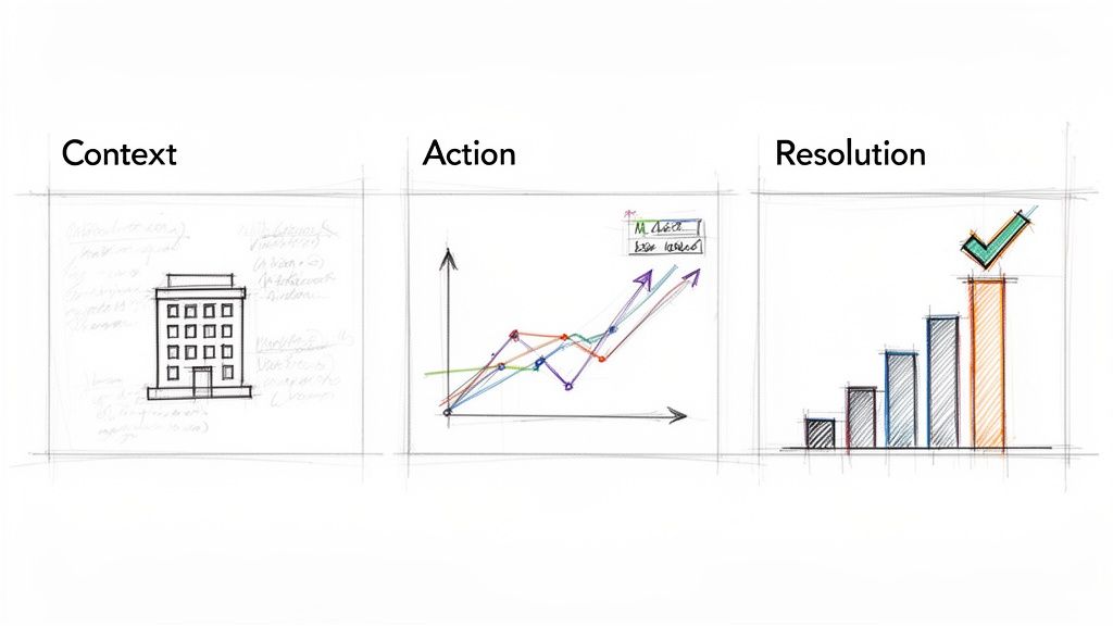 Illustrazione del processo di data storytelling: Contesto (edificio, note), Azione (grafici di tendenza), Risoluzione (barra con spunta).