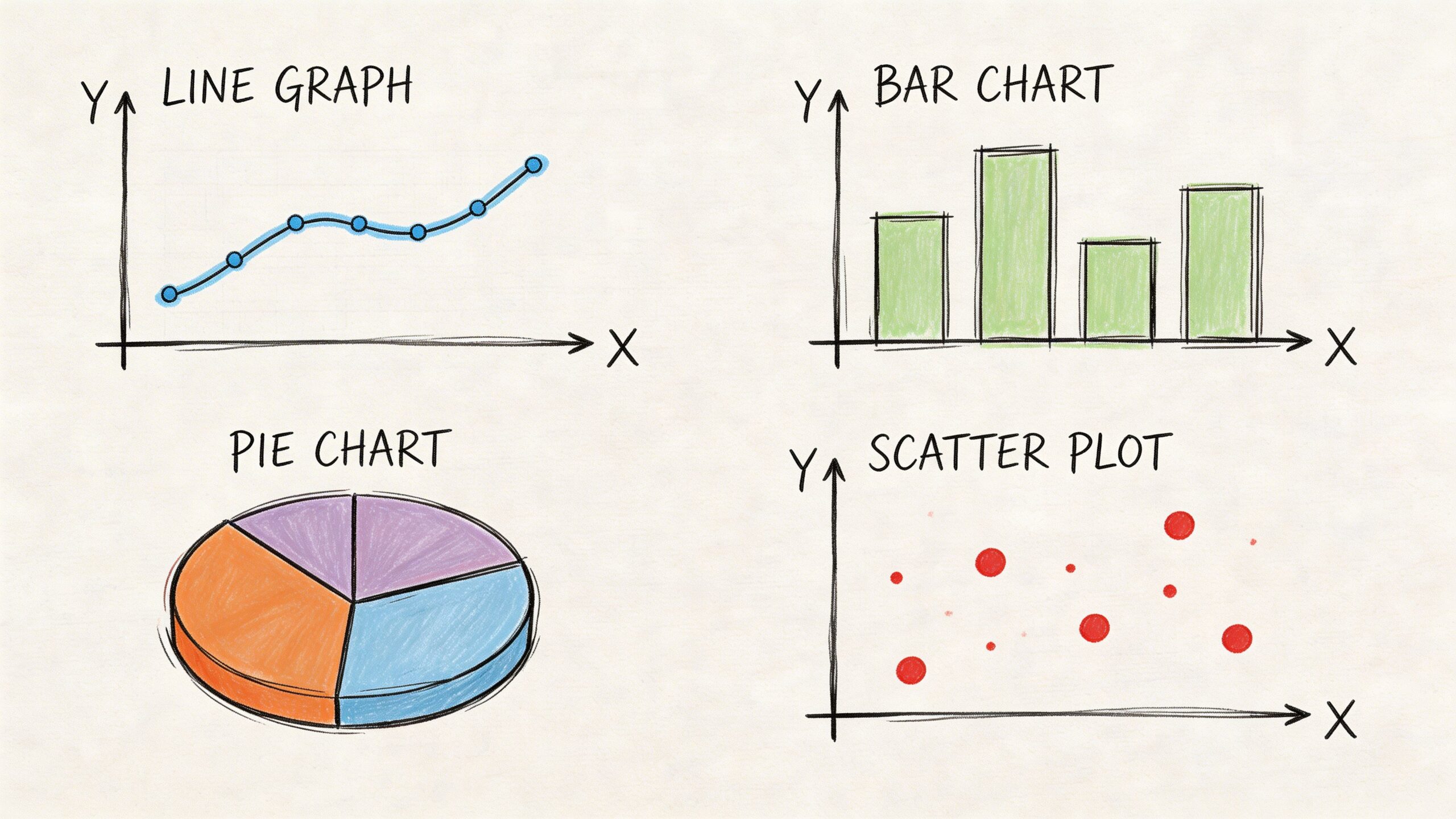 Illustrazione disegnata a mano che mostra quattro tipi comuni di grafici per la visualizzazione dei dati.