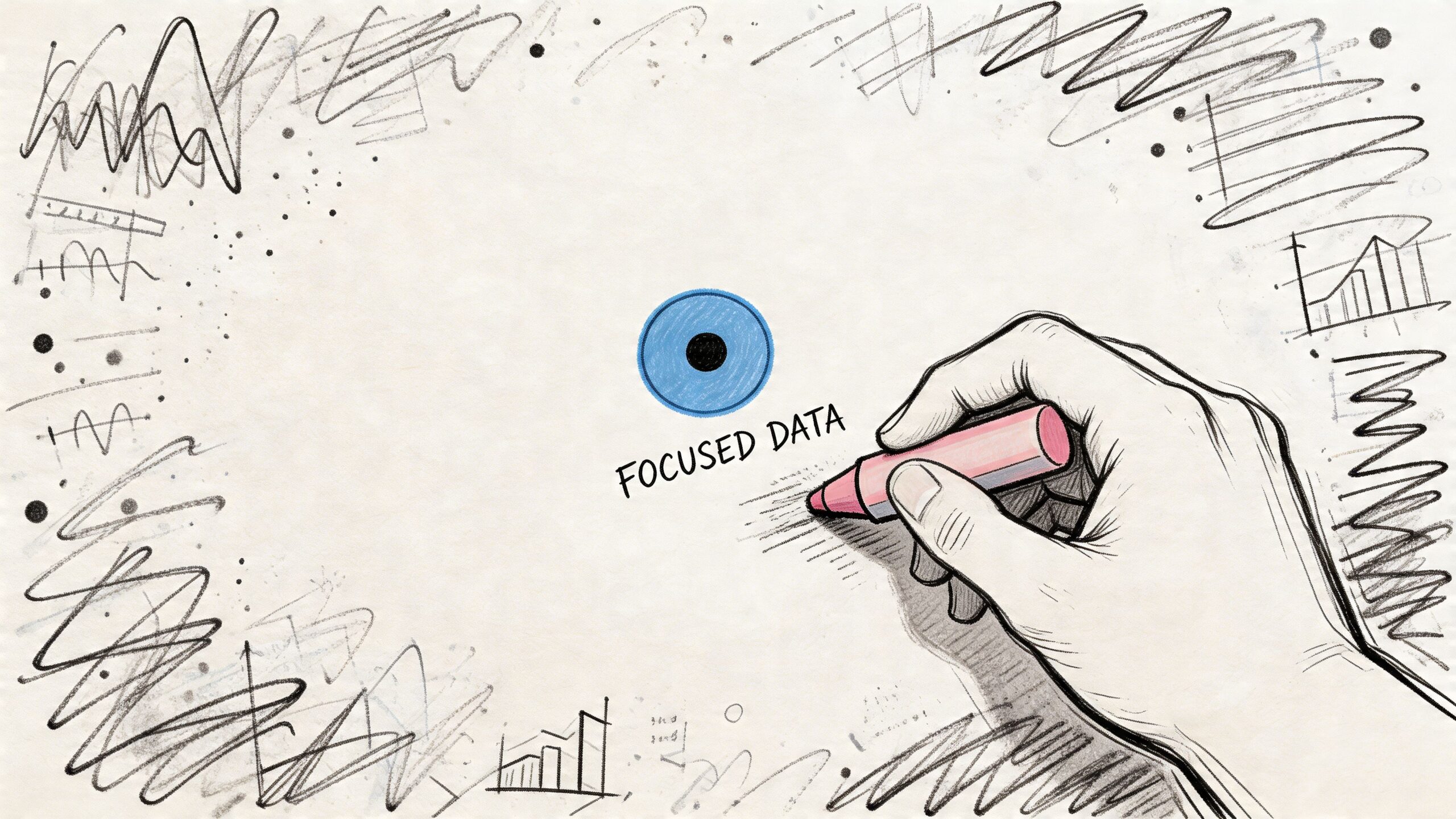 Una mano che disegna con un pennarello rosso sul foglio con il testo Focused Data e grafici.