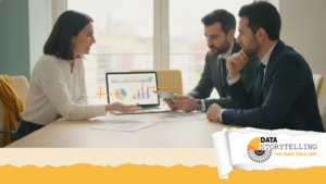 CMO che analizza una dashboard marketing con struttura narrativa per prendere decisioni di budget, data storytelling marketing applicato.