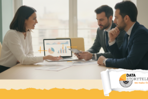 CMO che analizza una dashboard marketing con struttura narrativa per prendere decisioni di budget, data storytelling marketing applicato.