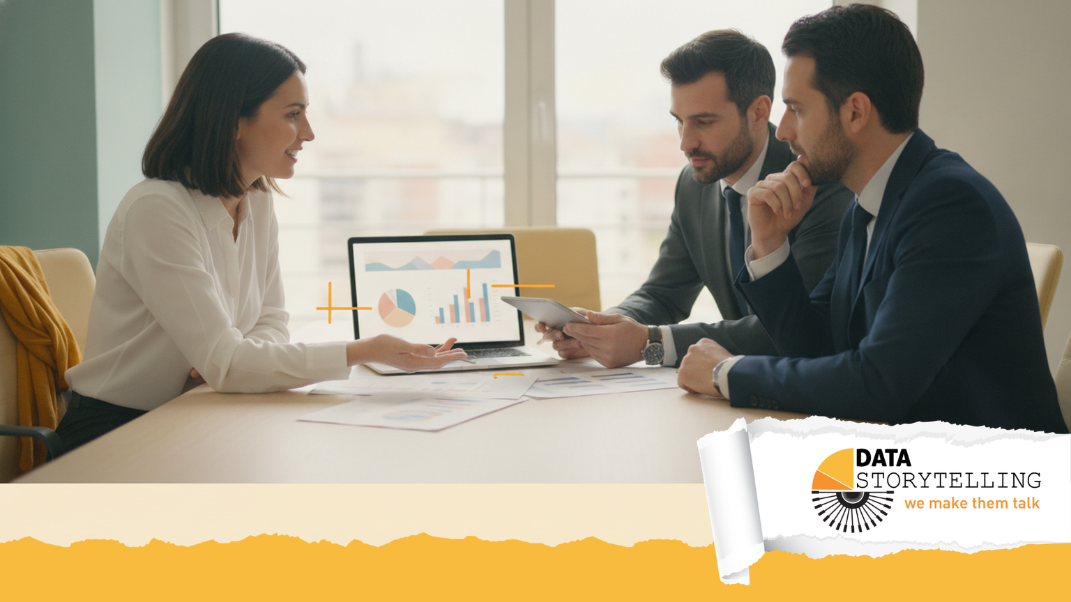CMO che analizza una dashboard marketing con struttura narrativa per prendere decisioni di budget, data storytelling marketing applicato.