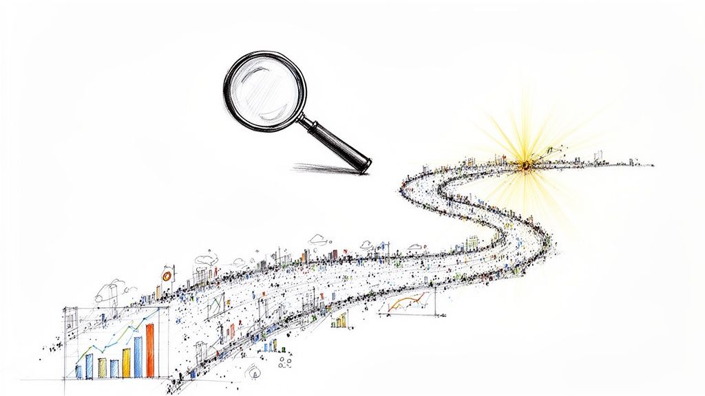 Lente d'ingrandimento su un percorso di dati, grafici e edifici verso una luce brillante, simbolo di analisi e futuro.