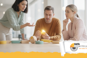 Professionista che adatta la comunicazione dei dati per settori diversi, con grafici e KPI specifici per ogni industry nel data storytelling.