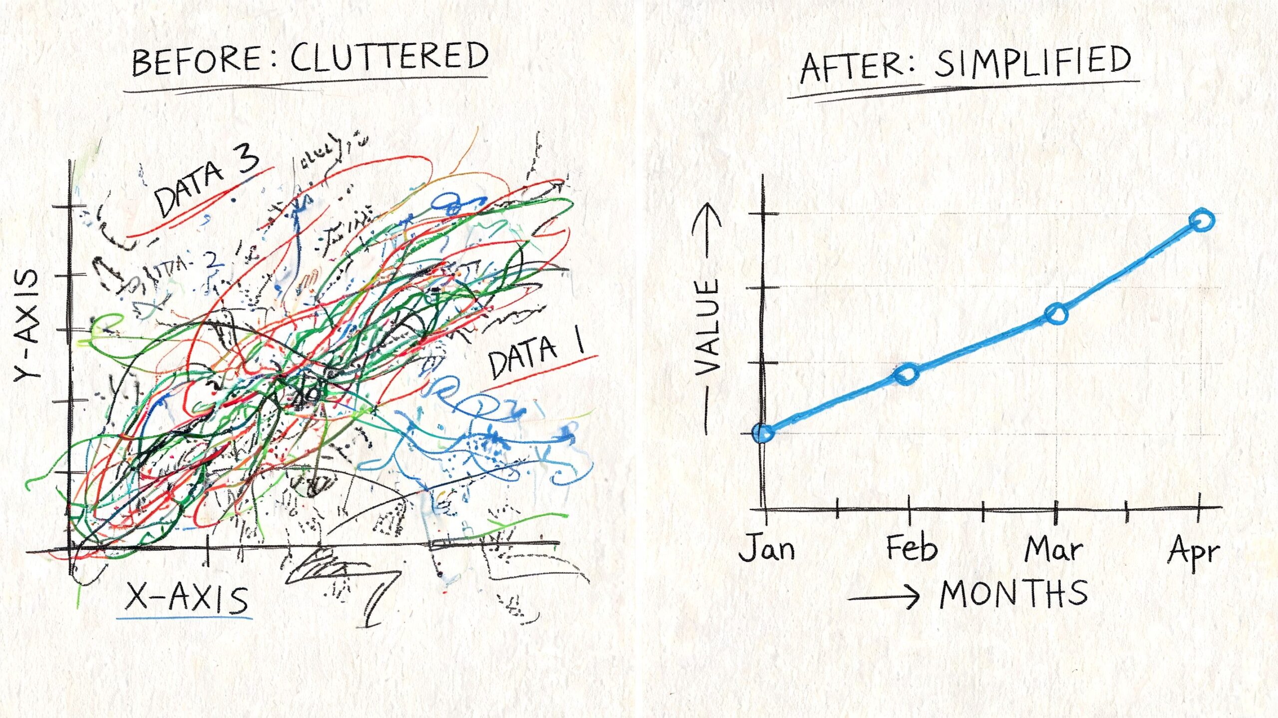 Illustrazione che mette a confronto un grafico caotico e confuso con una visualizzazione dei dati semplice e chiara.
