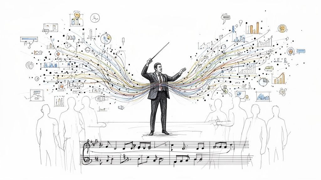 Un direttore d'orchestra guida un flusso di dati, grafici e idee colorati, con persone e spartito musicale.