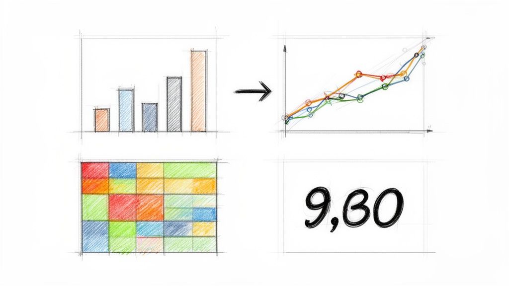 Schizzi a mano di grafici a barre, grafici a linee e una tabella colorata, con il numero 9,80.