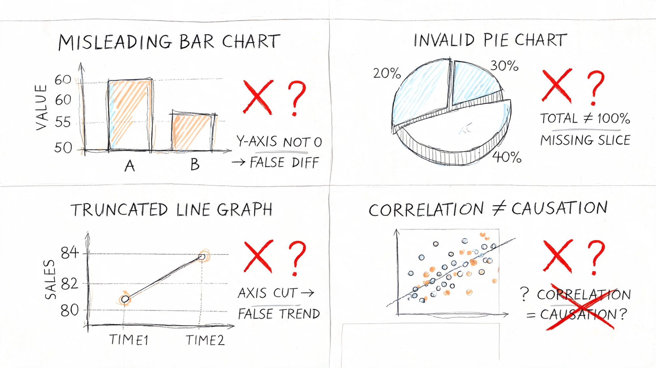 Illustrazione che mostra quattro esempi di grafici comuni fuorvianti, come bar chart, pie chart e correlazioni errate.