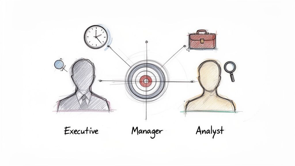 Illustrazione dei ruoli Executive, Manager e Analyst, con i loro focus e il comune obiettivo.