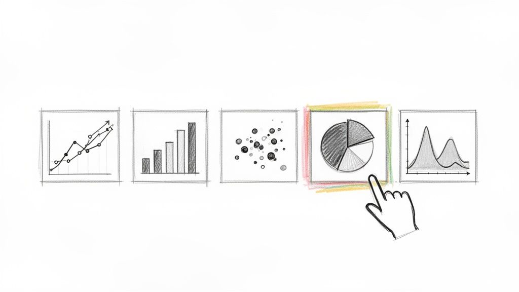 Cinque schizzi di grafici, inclusi a torta, a barre e a linea, con un cursore che seleziona il grafico a torta.