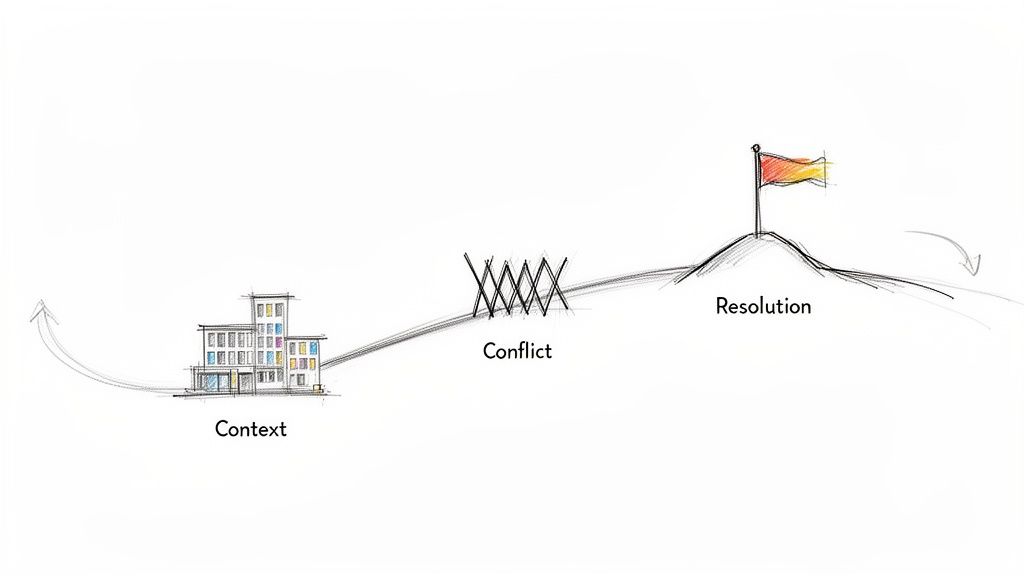 Illustrazione schematica del processo: dal contesto iniziale, attraverso il conflitto, fino alla risoluzione. Un percorso con frecce che indicano feedback.