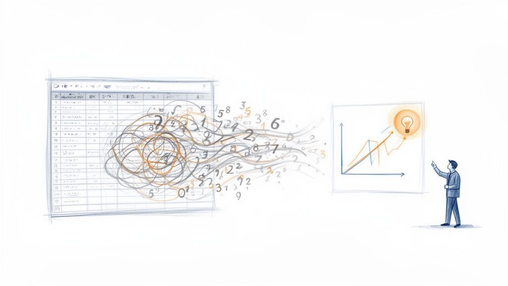 Dati da un foglio elettronico si trasformano in un grafico crescente con un'idea luminosa, presentata da un uomo.