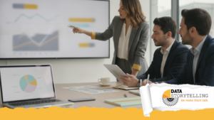 Professionista che costruisce un percorso di formazione data storytelling con grafici e struttura narrativa su lavagna