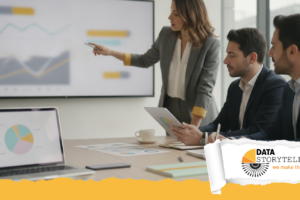 Professionista che costruisce un percorso di formazione data storytelling con grafici e struttura narrativa su lavagna