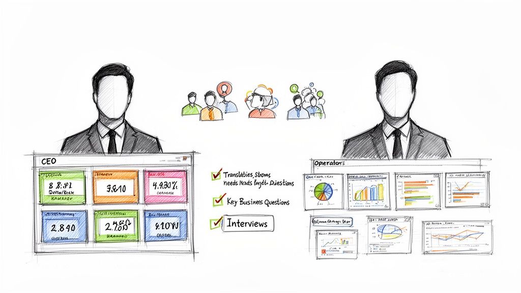 Illustrazione che confronta dashboard di CEO e operatori, mostrando il flusso di dati, interviste e domande aziendali.