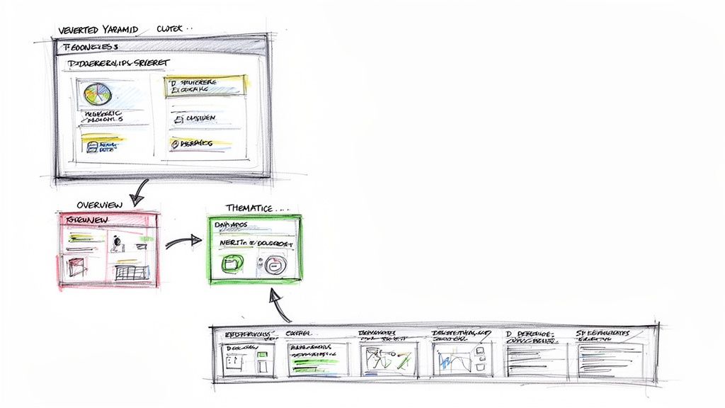 Schizzo dettagliato di wireframe di un'interfaccia utente che illustra il flusso di navigazione tra diverse schermate e dashboard.