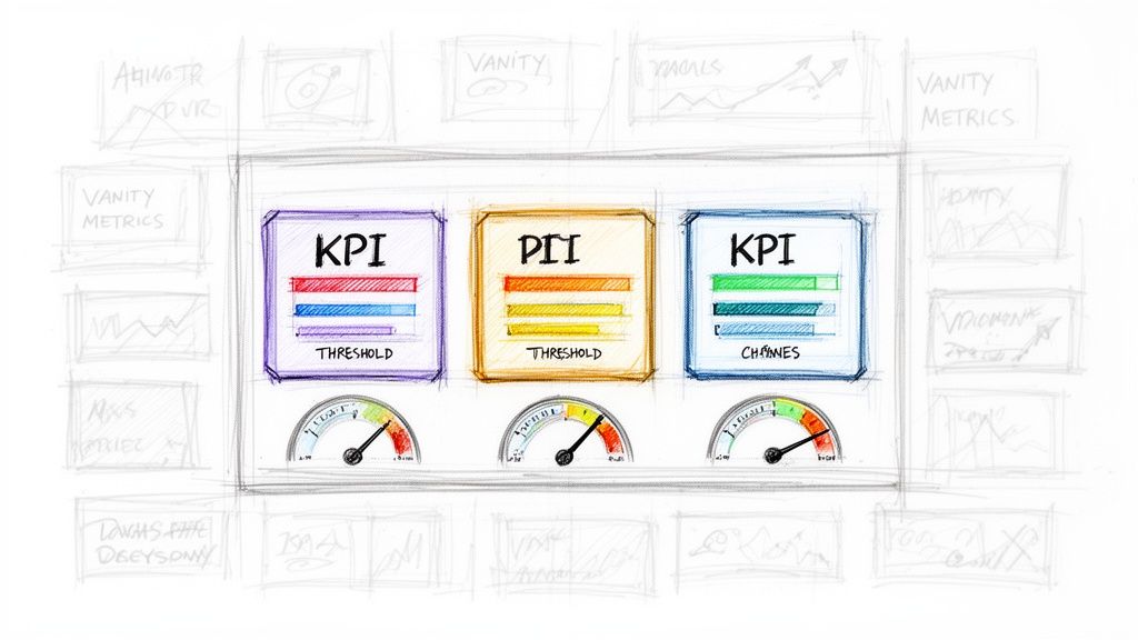 Schizzo disegnato a mano di una dashboard con metriche KPI e PII, grafici a barre e indicatori a quadrante per visualizzare dati e soglie.