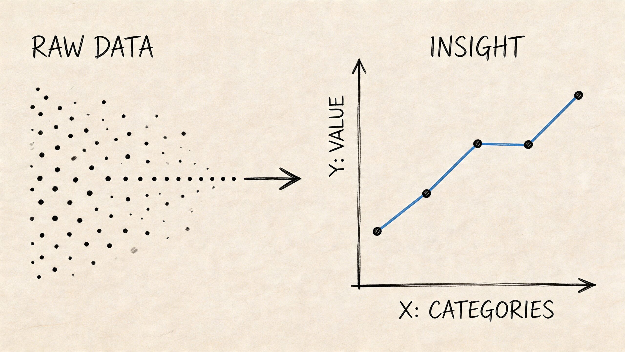 Illustrazione che mostra la trasformazione di dati grezzi disordinati in un grafico di insight strutturato.