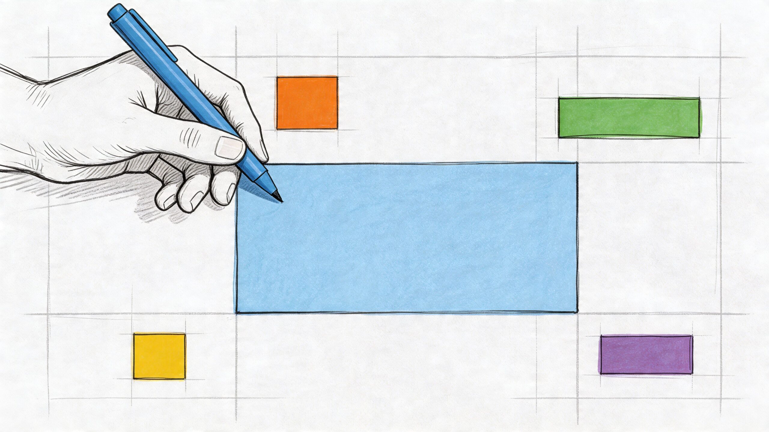 Una mano che utilizza una penna blu per progettare una dashboard su un foglio a quadretti bianchi