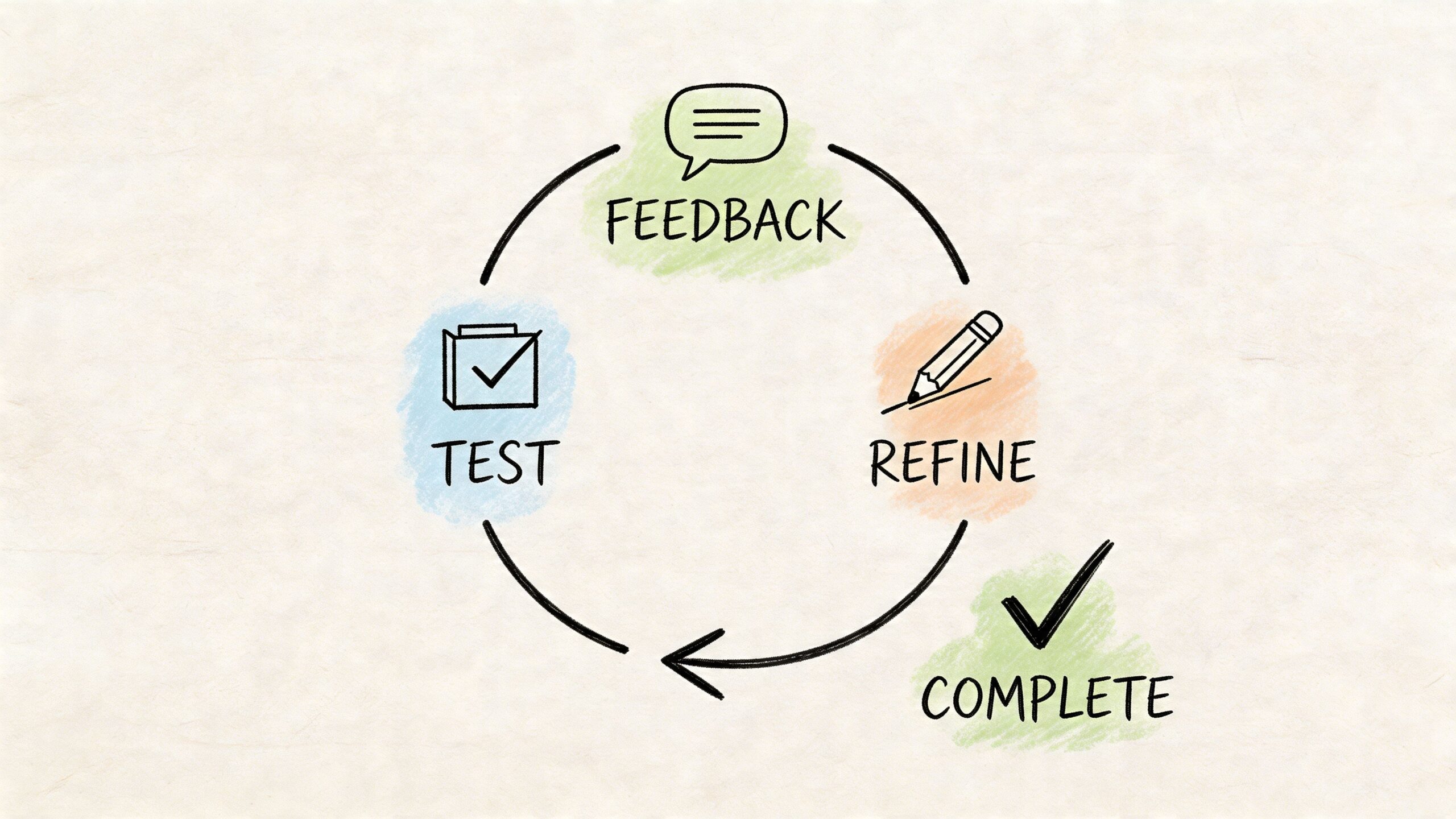 Un diagramma circolare che illustra le fasi di feedback, test e raffinamento per completare un progetto di successo.