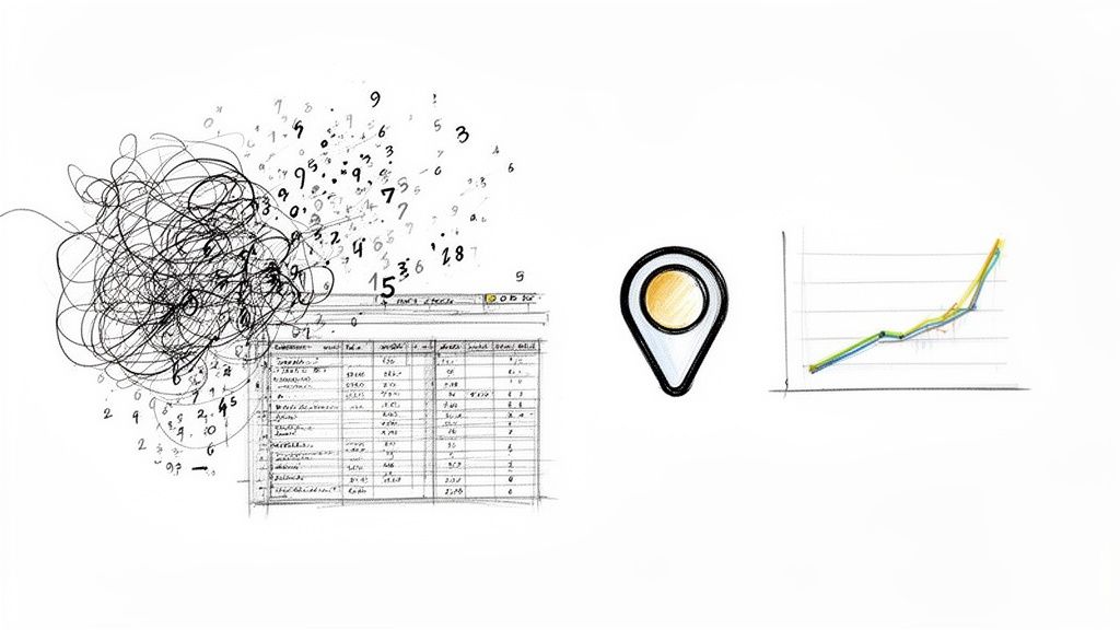 Illustrazione di dati disordinati che diventano organizzati in un foglio di calcolo, con un pin di localizzazione e un grafico di crescita.