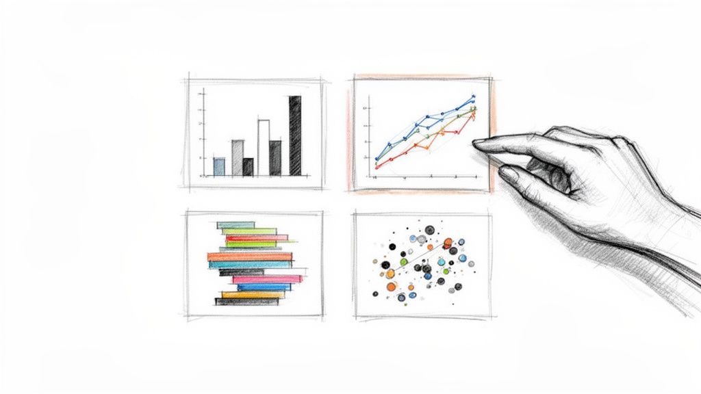 Una mano disegnata interagisce con quattro tipi di grafici di dati abbozzati, che rappresentano diverse visualizzazioni.