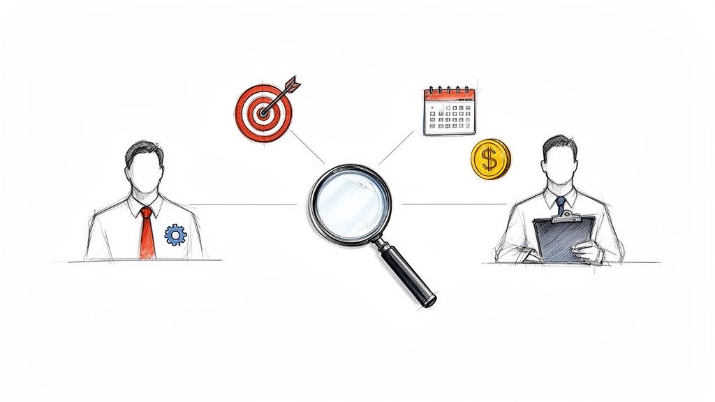 Illustrazione di due uomini d'affari che analizzano obiettivi, pianificazione e finanza con una lente d'ingrandimento.