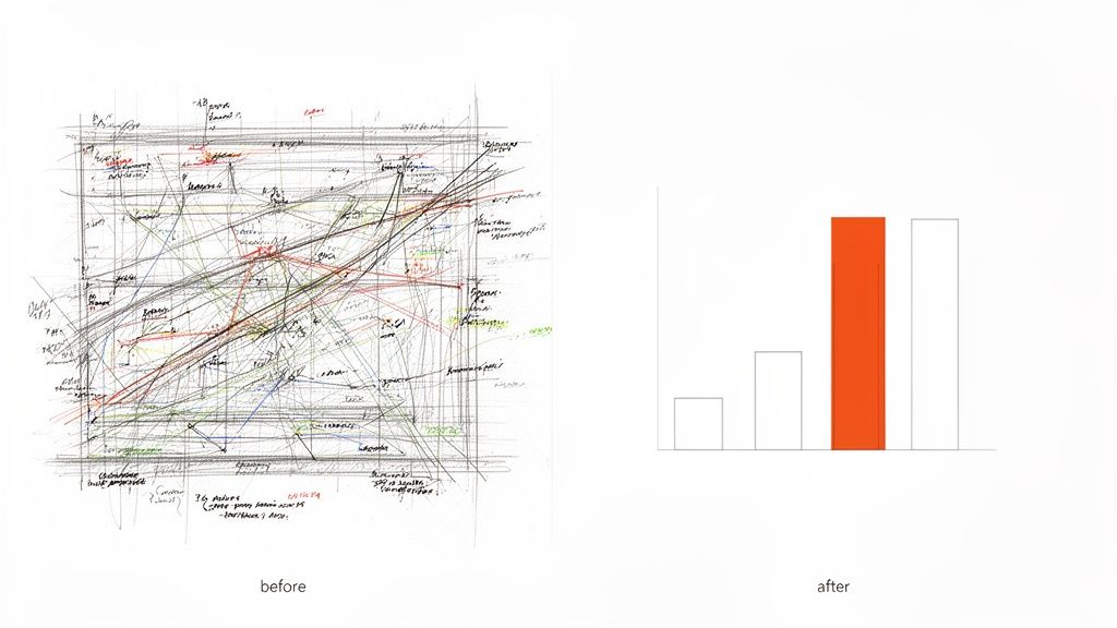 Prima un diagramma complesso e disordinato, dopo un grafico a barre semplice e chiaro, mostrando la semplificazione dei dati.