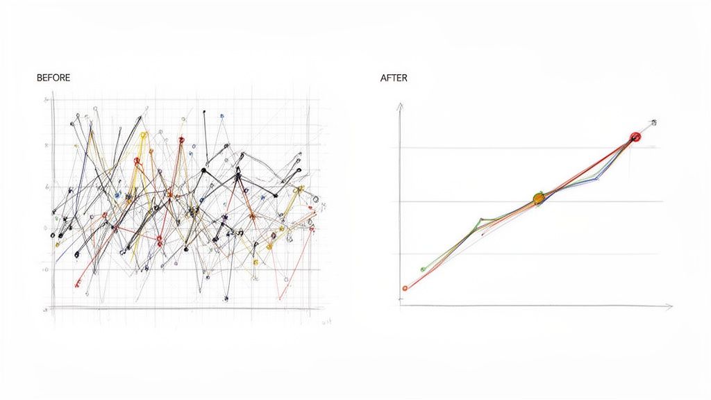 Grafico prima e dopo: trasformazione di dati complessi e disordinati in una visualizzazione chiara e semplice.