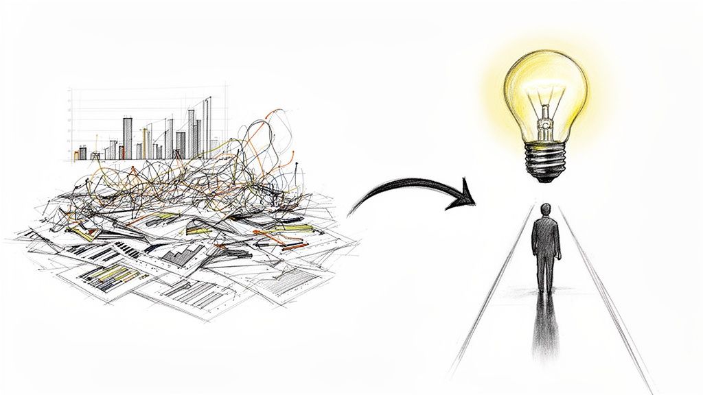 Un processo visivo: da report disordinati e grafici complessi a una lampadina illuminata e un percorso chiaro.