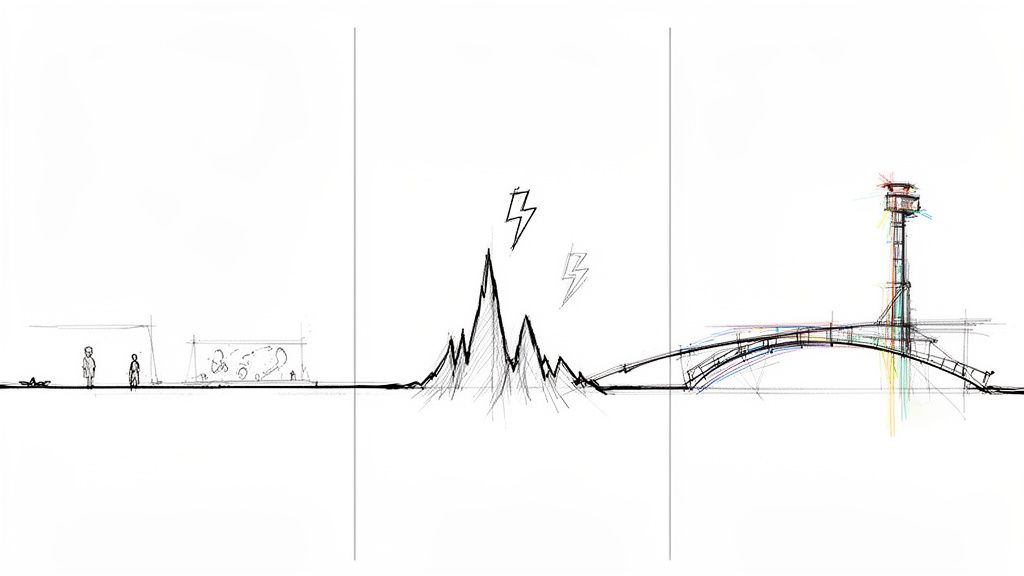 Disegno concettuale che illustra il percorso dalla complessità dei dati alla narrazione chiara e strutturata.