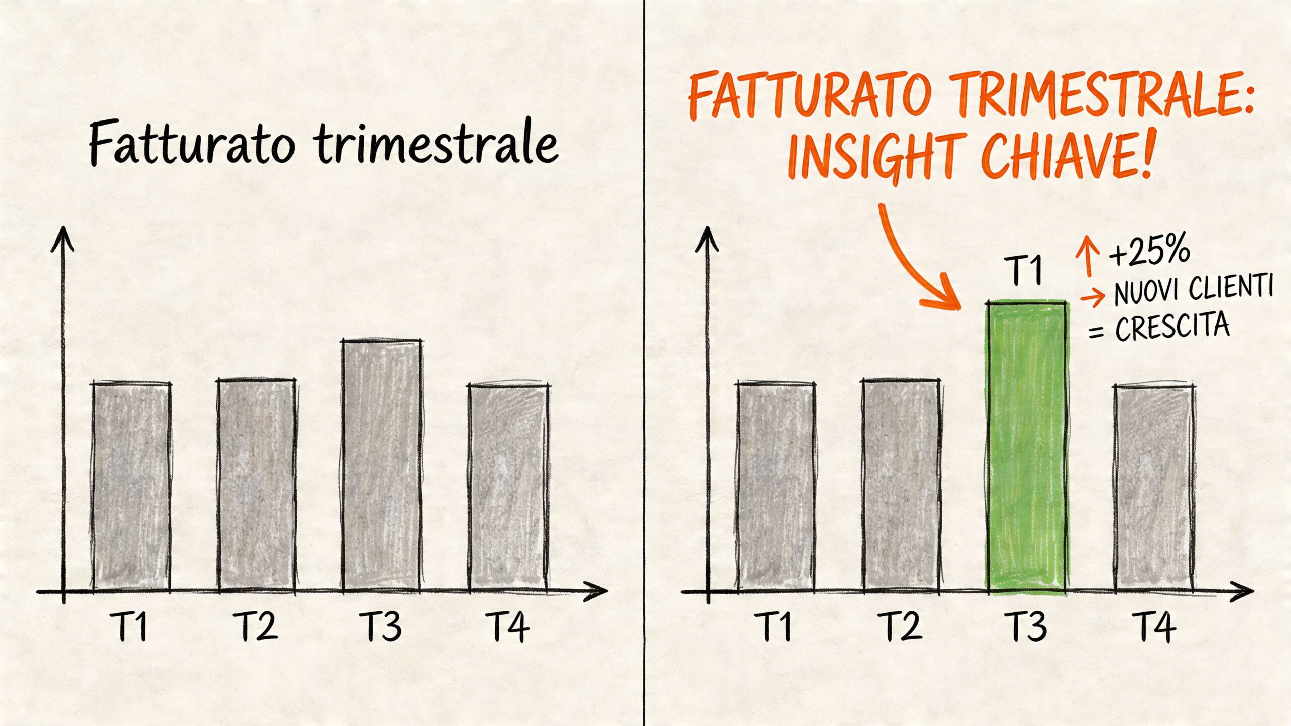Confronto grafico del fatturato trimestrale che evidenzia come comunicare insight aziendali tramite l'utilizzo di titoli chiari.