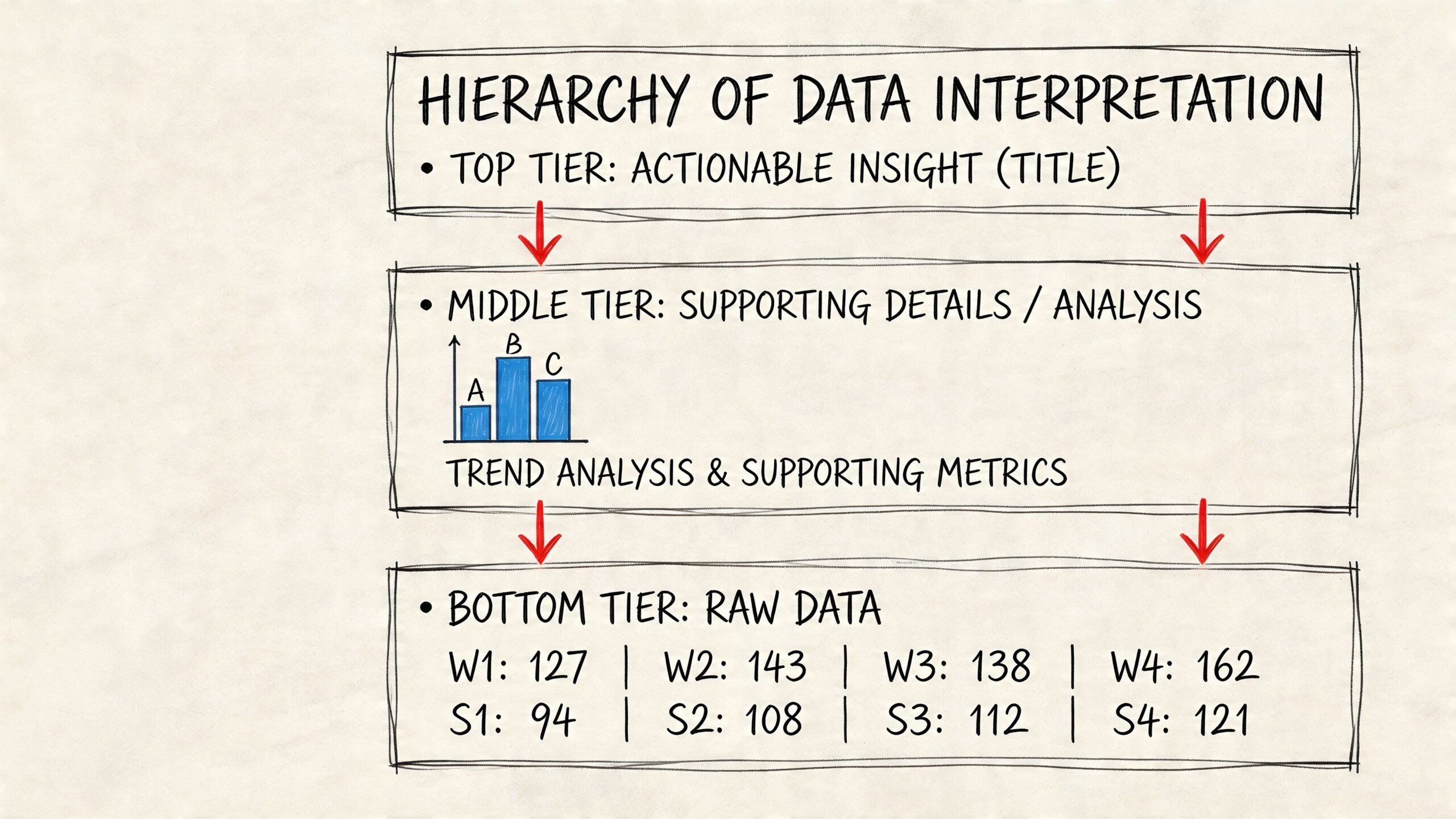 Schema grafico che illustra la gerarchia dell'interpretazione dei dati dai livelli base agli insight strategici finali.
