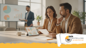 Professionista che analizza infografica esempi su schermo con gerarchia visiva e messaggio chiaro