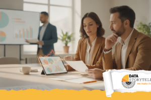 Professionista che analizza infografica esempi su schermo con gerarchia visiva e messaggio chiaro